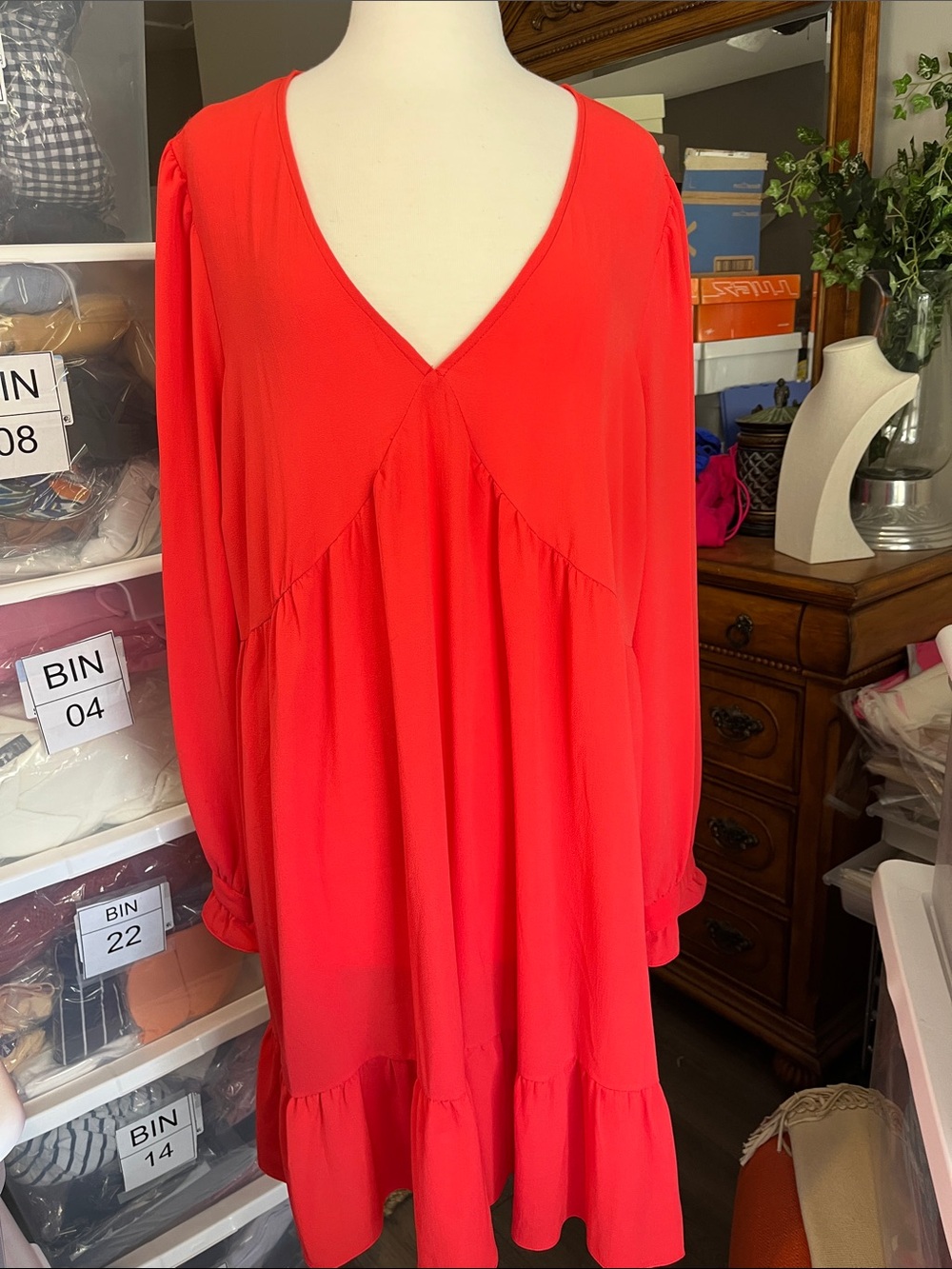 ASOS Red V-Neck Long Sleeve Tiered Tunic Dress